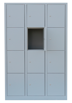 12-tueriger Faecherschrank mit Zylinderschloss und Sockel : 3 Abteile je 4 Faecher (400 mm pro Abteil)